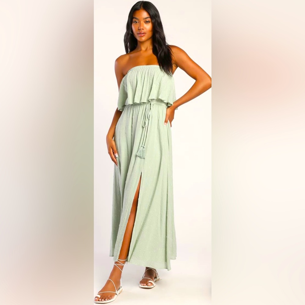 Made for Vacation Sage Green Silver Strapless Maxi Dress S